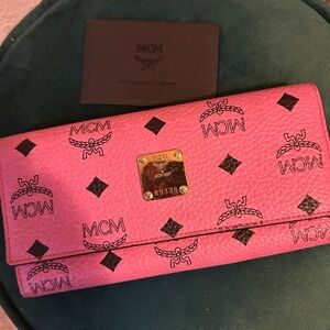 MCM Pink Logo Continental Wallet with Gold Plaque